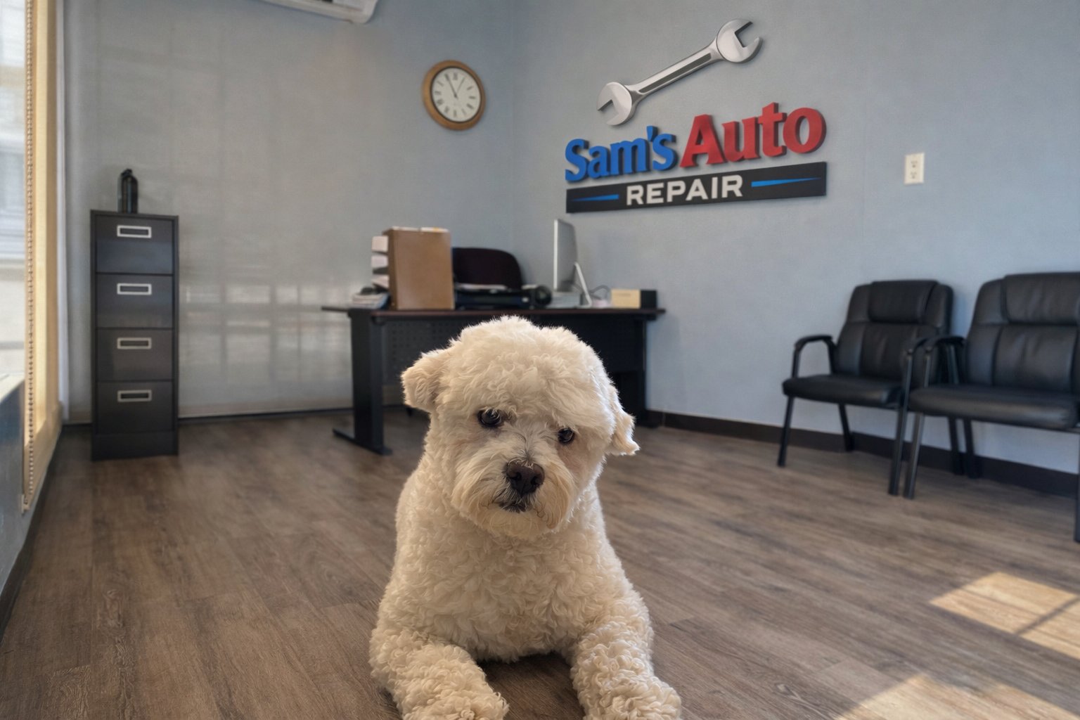 Sam's Auto Repair welcoming waiting room — shop mascot Cooper the dog with logo wall sign Eagle Rock