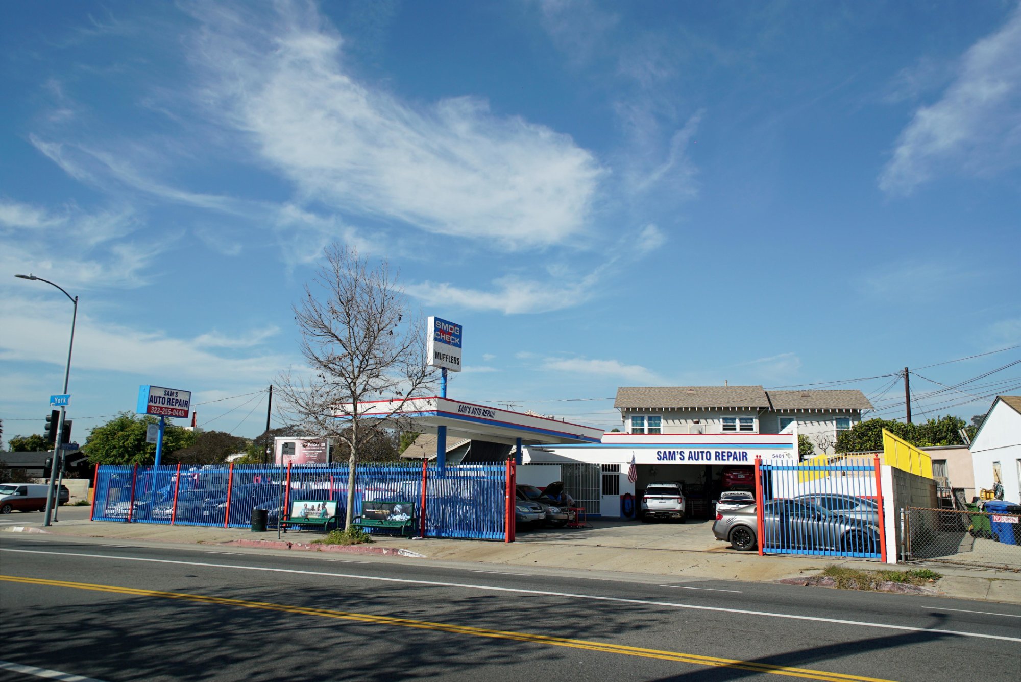 Sam's Auto Repair exterior on York Blvd, Eagle Rock CA — full street view of shop front
